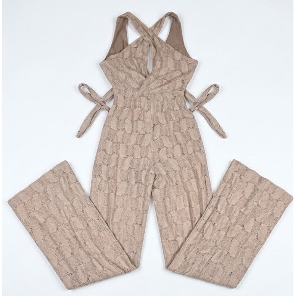 Free People Jumpsuit Size 0 Beige Tan Lace Criss Cross Halter Wide Leg Flare